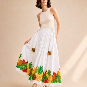 FARM RIO Embroidered Fruits Bow Midi Skirt